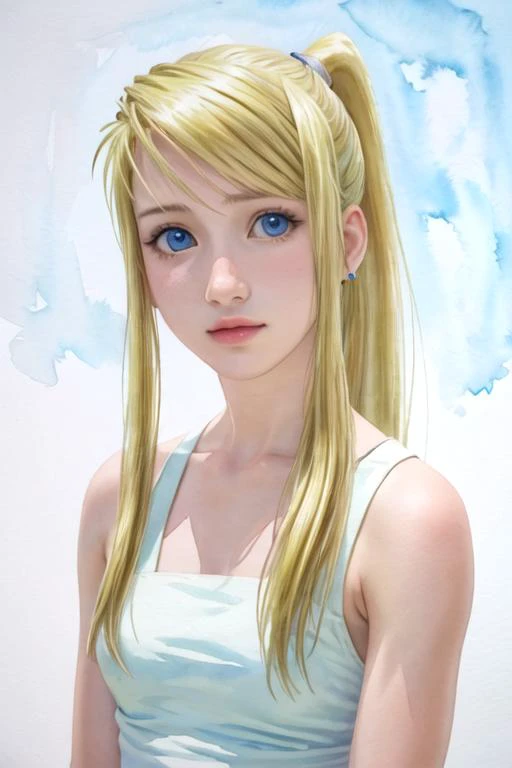 masterpiece, best quality, photorealistic, 1girl, solo, looking at viewer, upper body, , (watercolor illustration, soft pastel colors:1.1), realistic, <lora:winry_rockbell:0.74>, winry_rockbell, blonde hair, blue eyes, ponytail, , , 4k resolution