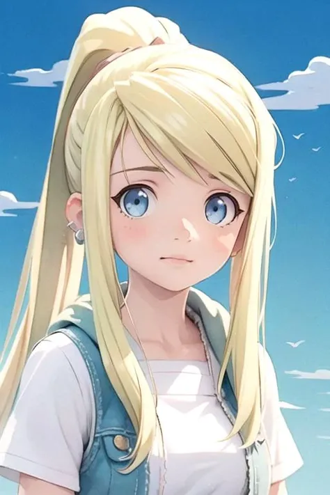 anime girl with blonde hair and blue eyes standing in front of a blue sky