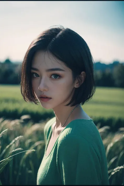 a close up of a woman in a green shirt standing in a field