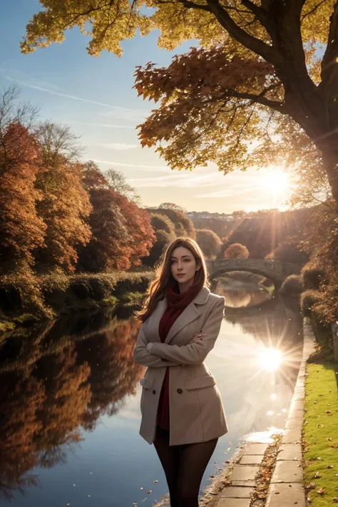 beautiful english woman. enjoying a stroll. dawn, autumnal. volumetric light. in the background a river glints in the sun. reflection, refraction.