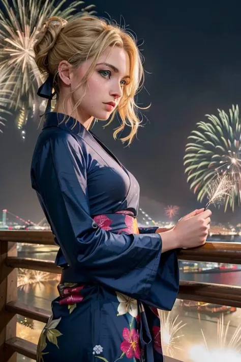 (Fujifilm X-T3, 23 mm, 1/10000 sec, f/5.6, ISO 8000), portrait of british girl, solo, aasaber, (light-blonde hair, ahoge), green eyes, emotionless, Yukata, <lora:artoria_pendragon_v2:0.8>, midnight, dark sky, (standing, firework on the sky, fireworks effec...