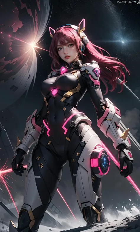 a woman in a futuristic suit with pink hair and a sci - futuristic weapon