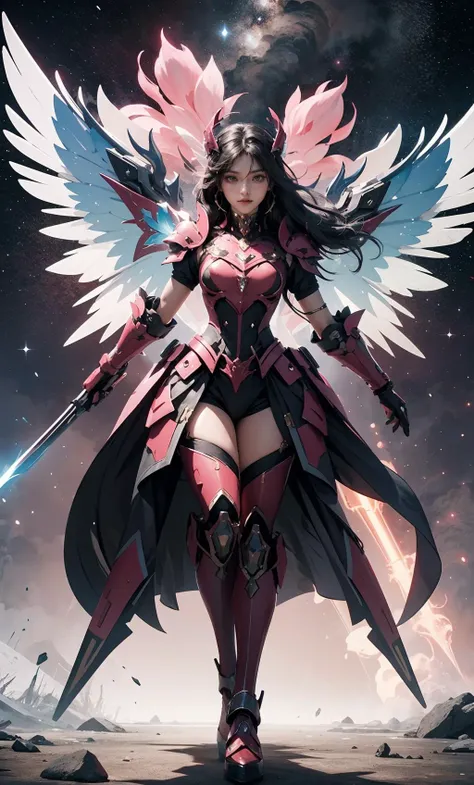 a woman with wings and a sword standing in front of a planet