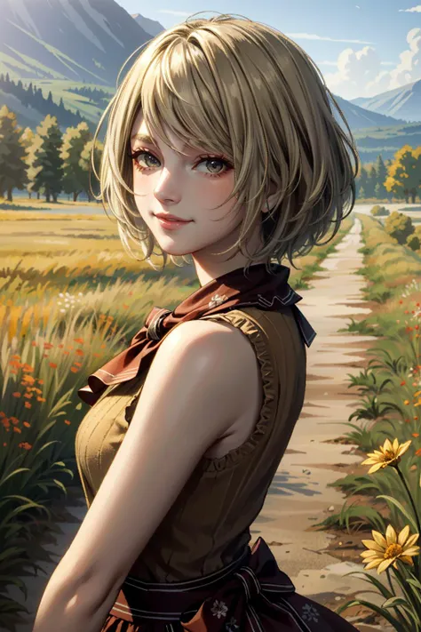 ((ultra detailed, masterpiece, best quality))
 <lora:RE4Ashley:0.8>
RE4Ashley, 1girl, solo, blonde hair, In a field of wildflowers, wearing a flowing dress, smiling