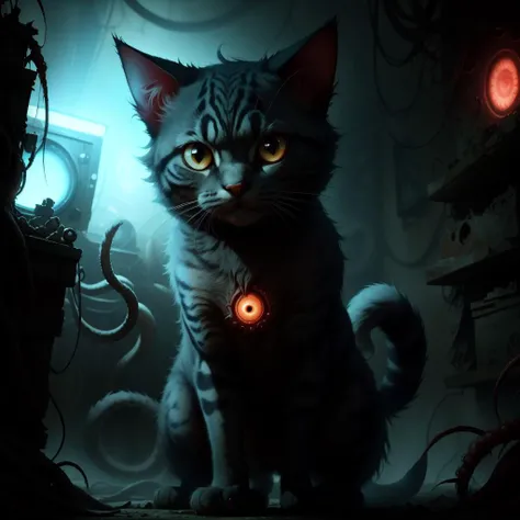 <lora:DreadTech-20:1>,dreadtech , disturbing, scifi,  
(dreadtech kitty) , animal, glowing eyes