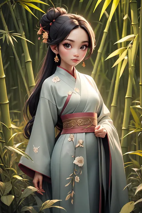 (best quality, highres:1.1), (masterpiece:1.1), detailed eyes, looking at viewer, hanfu,1girl, chinese_clothes, solo, wide_sleeves, long_sleeves, topknot, robe, stand,looking_at_viewer, bamboo forest background , <lora:shuV2:0.4>, <lora:GoodHands-beta2:1>