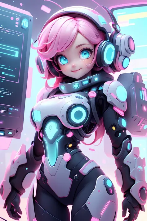 1girl, (female:1.2), young, cute face, finely detailed eyes and face, rosy pink hair, aqua eyes, looking at viewer, (electronic theme:1.1) futuristic hacker of evil high tech, gamer, smile, advanced technology, android, cybersuit, exosuit, hardsuit, mechas...