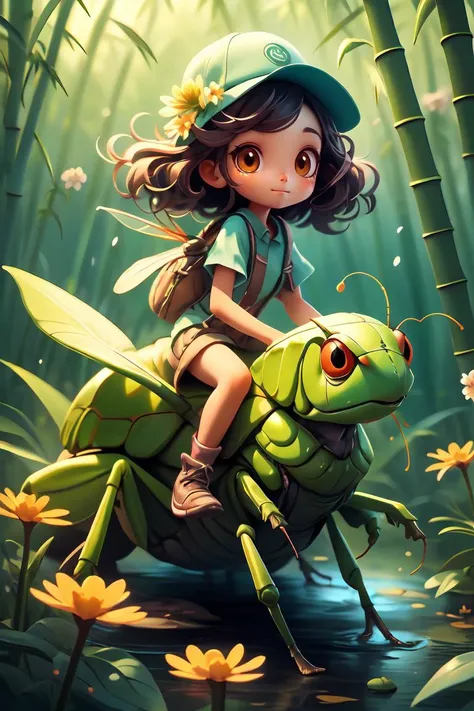 (masterpiece:1.2), (best quality:1.3), highres, ultradetailed, vibrant colors, 1girl, <lora:riding_a:0.7>, riding on a grasshopper, flower, bamboo, <lora:GoodHands-beta2:1>,