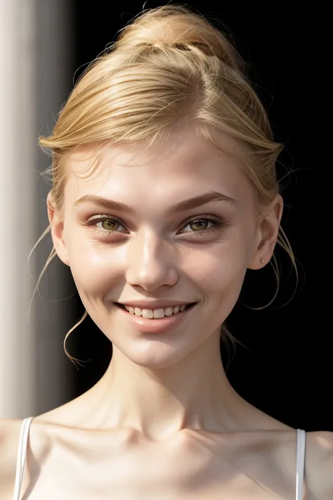 realistic photo of <lora:sd15_VasilinaKireenko_locon_24_v1-000012:1> VasilinaKireenko blonde hair smile, focus on eyes, close up on face, grinning, hair styled as dutch fishtail updo, lens flare