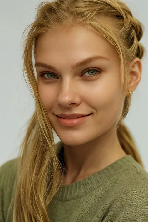 realistic photo of <lora:sd15_VasilinaKireenko_locon_24_v1-000012:1> VasilinaKireenko blonde hair smile, focus on eyes, close up on face, grinning, wearing jewelry, khaki color hair styled as french braid ponytail, radiant god rays