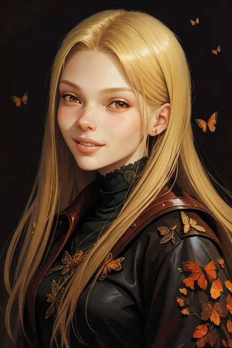 (style of Marc Simonetti:1.15), oil painting style portrait of <lora:sd15_VasilinaKireenko_locon_24_v1-000012:1> VasilinaKireenko blonde hair smile, face, eyes, butterfly symbols