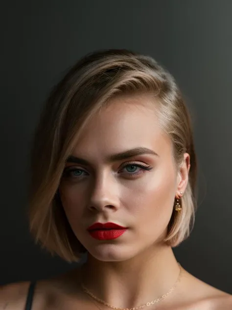 Realistic photo of a beautiful c4r4d-v2 woman, 1girl, solo, looking at viewer, short hair, blonde hair, simple background, jewelry, earrings, parted lips, grey background, lips, makeup, lipstick, portrait, realistic, red lips, soft lighting, professional P...