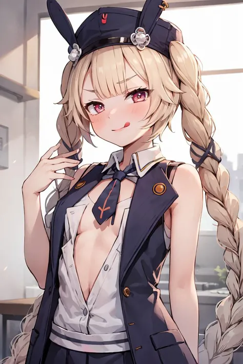 masterpiece, best quality, 1girl, solo, <lora:tmp5:1> <lora:Concept_LickingLips_1:1>licking_lips, sr-3mp, twin_braids, blonde_hair, open clothes, sleeveless,