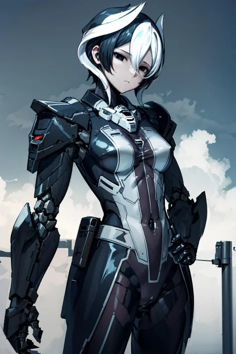 masterpiece,best quality,1girl,solo,mature female,(muscular),tall female,ozen,black eyes,two-tone hair,black hair,white hair,mecha musume,(black bodysuit, fortified suit, mechanical parts, robot joints,full armor),expressionless,standing,hand on hip,arm at...