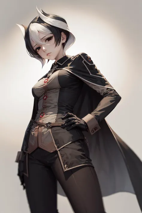 (masterpiece, best quality:1.2), <lora:mia_ozen-10:0.8>, from below, solo, 1girl, ozen, expressionless, closed mouth, looking at viewer, hands on hips, black jacket, cape, black pants, black gloves