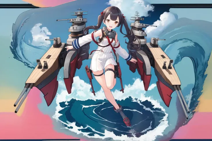 anime girl in a sailor suit standing on a boat in the ocean