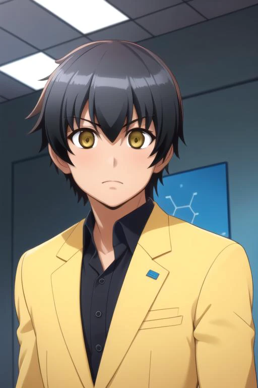 masterpiece, best quality, illustration, 1boy, solo, male focus, looking at viewer, upper body, depth of field, , , <lora:ryousuke_kaga:0.72>, ryousuke_kaga, black hair, yellow eyes, suit jacket, snapback, science fiction hard science fiction,