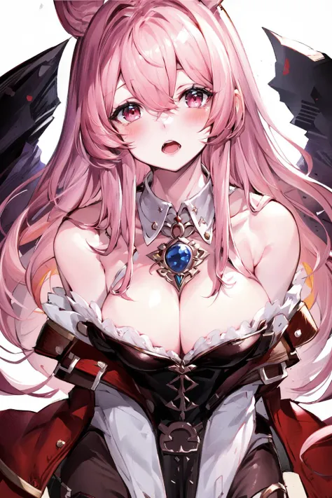 (masterpiece:1.2), best quality,pixiv, soft,
1girl, breasts, solo, long hair, cleavage, looking at viewer, red eyes, white background, upper body, simple background, pink hair, hair between eyes, medium breasts, blush, open mouth, bangs, jewelry, detached ...