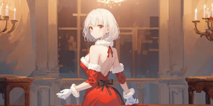 anime girl in red dress standing in front of a chandelier