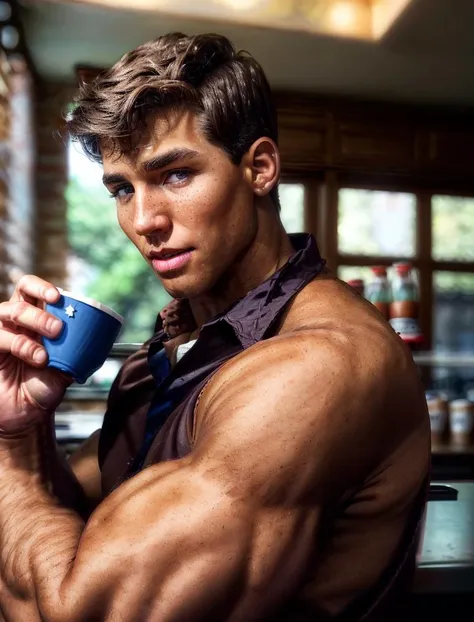 a close up of a man holding a cup of coffee