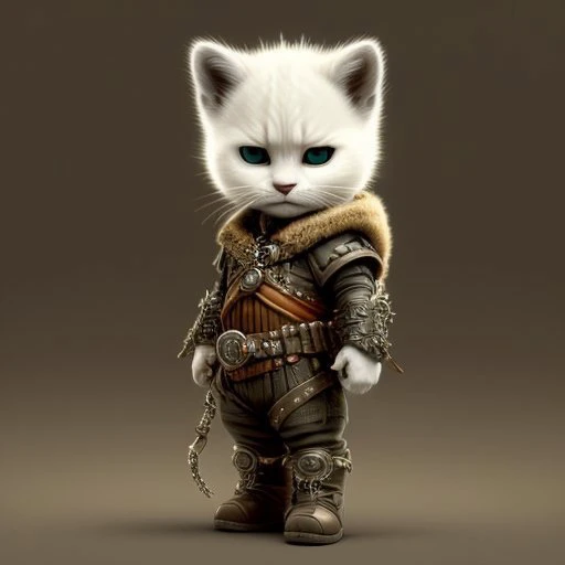 workbench on background, solo, male, man, antro, antro cat, white fur, the muzzle is feline, the coat is white, jaguar spots on the head and body, green eyes, a leather breastplate, baggy trousers, a bag and a short sword are attached to the belt, an alche...