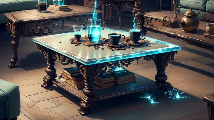 there is a table with a glass top and a blue light on it