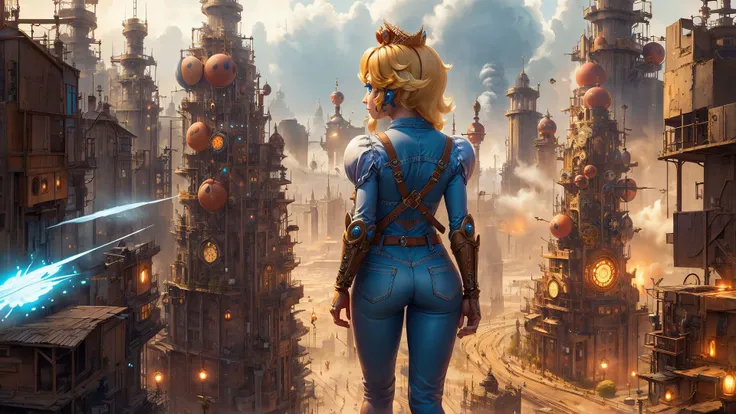 a woman in a blue outfit stands on a city with a lot of buildings