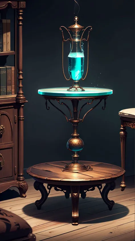 there is a table with a glass top and a lamp on it