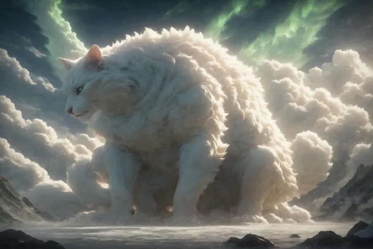 a close up of a cat walking through a cloud filled sky