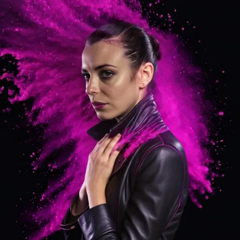 a close up of a woman in a leather jacket with pink powder