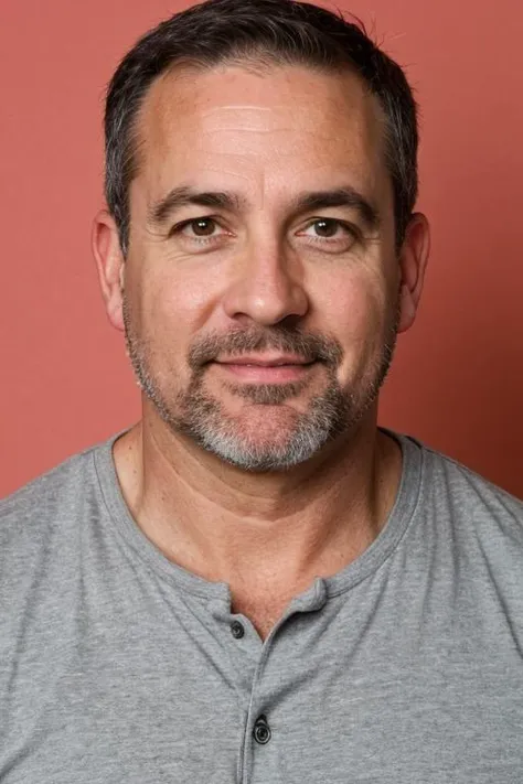 a man with a beard and a gray shirt posing for a picture