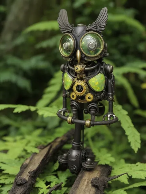 a mechanical steampunk owl sitting on a branch in a lush green forest. [:intricate details:0.3] it looks like it would actually be capable to fly away. it has short legs and yellow opal eyes. 162