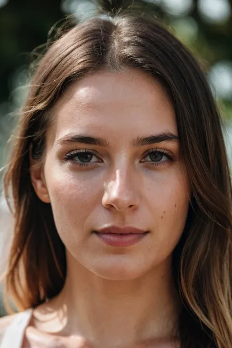 a woman with long hair and a white top is looking at the camera