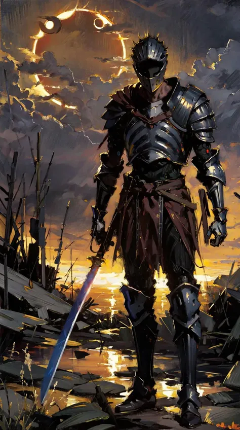 <lora:Soul_of_Cinder:0.8>,standing,armor,helmet,a man,(a massive solar eclipse:1.2),battlefield,sword inserted on the ground,night,<lora:classic_oil_painting:0.4>,metallic,many spears are stuck on the ground,(thunder spear:1.3),, (style of Jon Foster:0.2),...