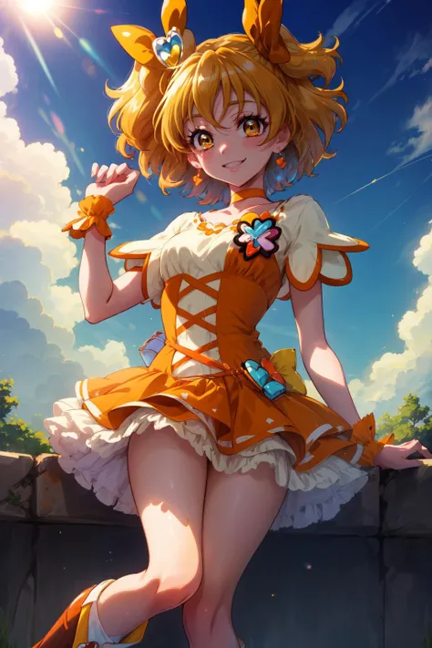 masterpiece,best quality,1girl,cure pine,precure,one side up,short hair,hair ribbon,frills,short sleeves,wrist cuffs,orange choker,orange boots,yellow skirt,smile,shy,blue sky,sunlight,<lora:locon_cure_pine_3:0.9>,