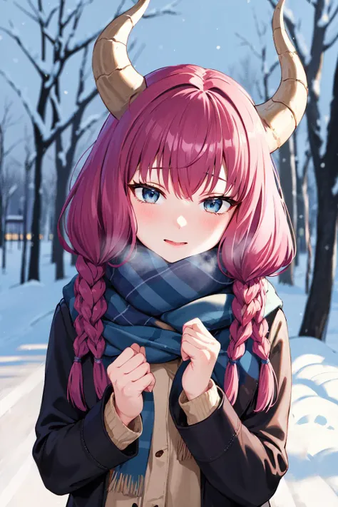 masterpiece, best quality, highres, aaaura, braid, twin braids, horns, blue eyes, <lora:aura_(sousou_no_frieren)_v1:0.8>, winter clothes, scarf, snow, outdoors,