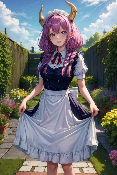 masterpiece, best quality, highres, aaaura, braid, twin braids, horns, blue eyes, <lora:aura_(sousou_no_frieren)_v1:0.8>, maid, maid headdress, apron, smile, skirt hold, garden, standing