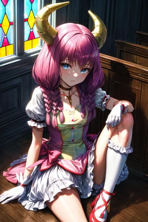 anime girl with horns sitting on the floor in front of a stained window