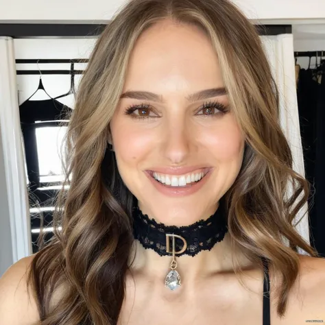 Soft natural diffuse lighting, Instagram selfie of a smiling woman with long straight hair wearing a lacey dior choker around her neck,f/1.8,   natxportman,  <lora:natportman_gpt4_juggernautX_2_wocap-merger_21_65_83_04_02_04-natxportman:1.1>