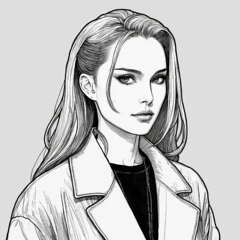 a drawing of a woman with long hair and a jacket