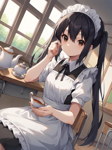 score_9, score_8_up, score_7_up, source_anime, 
1girl, solo, <lora:azusa-nakano-ponyxl-lora-nochekaiser:0.8> azusa nakano, black hair, brown eyes, long hair, twintails,
maid dress
 indoors, classroom, sitting, desk, table, tea, teacup, teapot, looking at v...