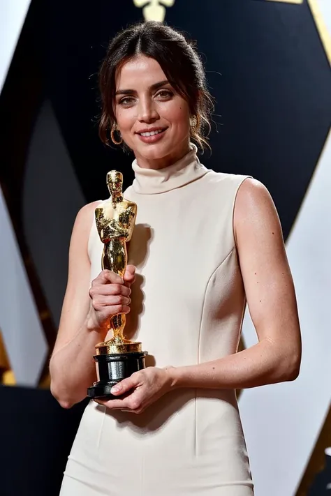 1girl, solo, Academy award best actress winner, holding Oscar trophy, sleeveless turtleneck dress, smile, blurry_background, bokeh, chromatic_aberration, depth_of_field, female focus, photorealistic, soft colors, masterpiece, high quality, (high detailed s...