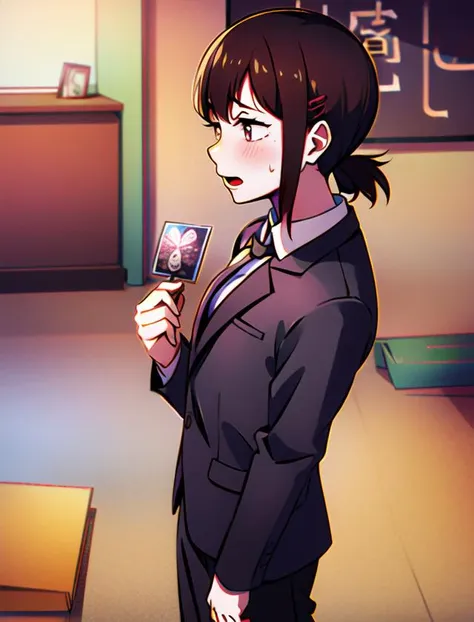 anime girl in a suit holding a cell phone in her hand