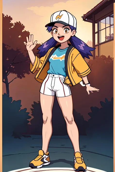 1girl,casey,small breasts,bangs, shirt, hat, standing, jacket, t-shirt, :d, white shorts,yellow jacket,baseball cap,white cap,happy,full body,in rural Eastern European village,baseball cleats, <lora:Casey:0.65>, <lora:LORA-XenoDetailer-v2:0.2>