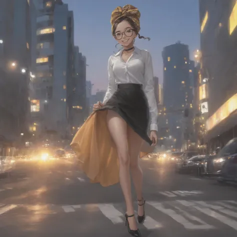 anime girl in skirt crossing the street at night