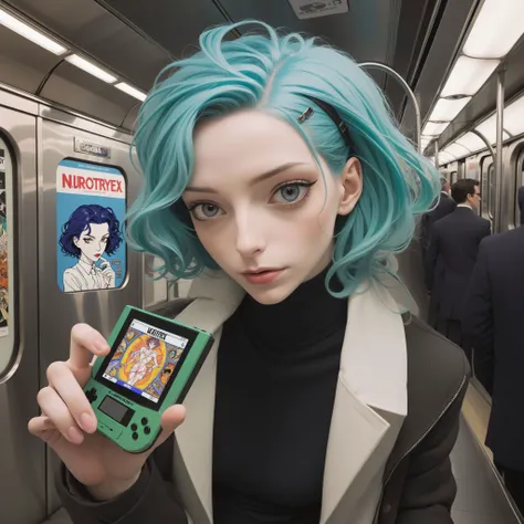 arafed woman with blue hair holding a game boy in a subway