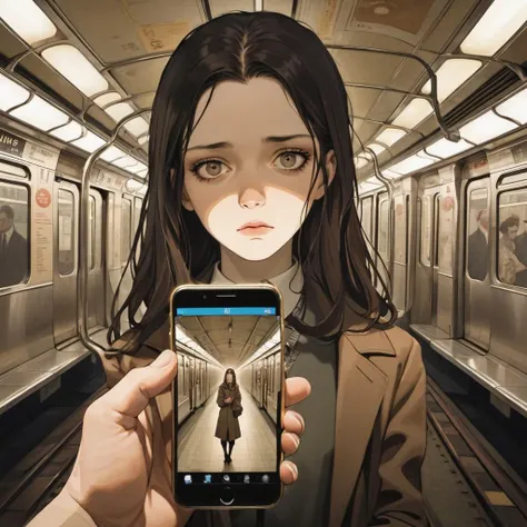 anime girl holding a cell phone in a subway station