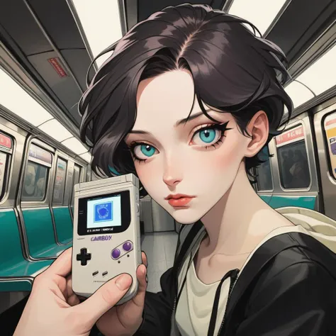 anime girl holding a game boy in a subway car