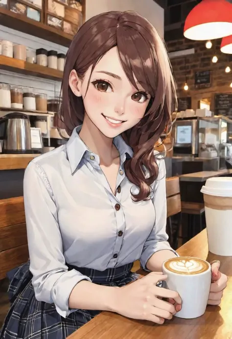 anime girl with coffee cup in a cafe