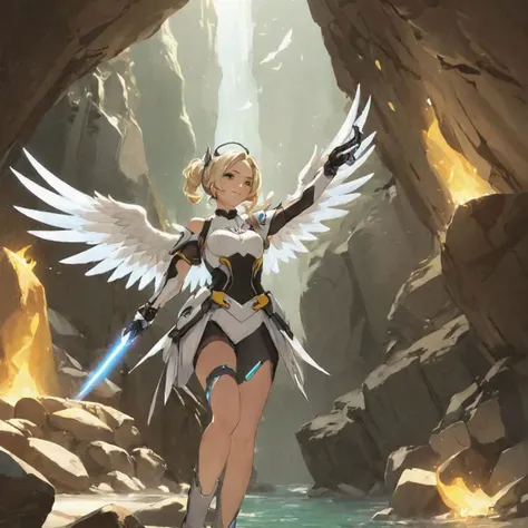 a woman with wings standing in a cave with a sword